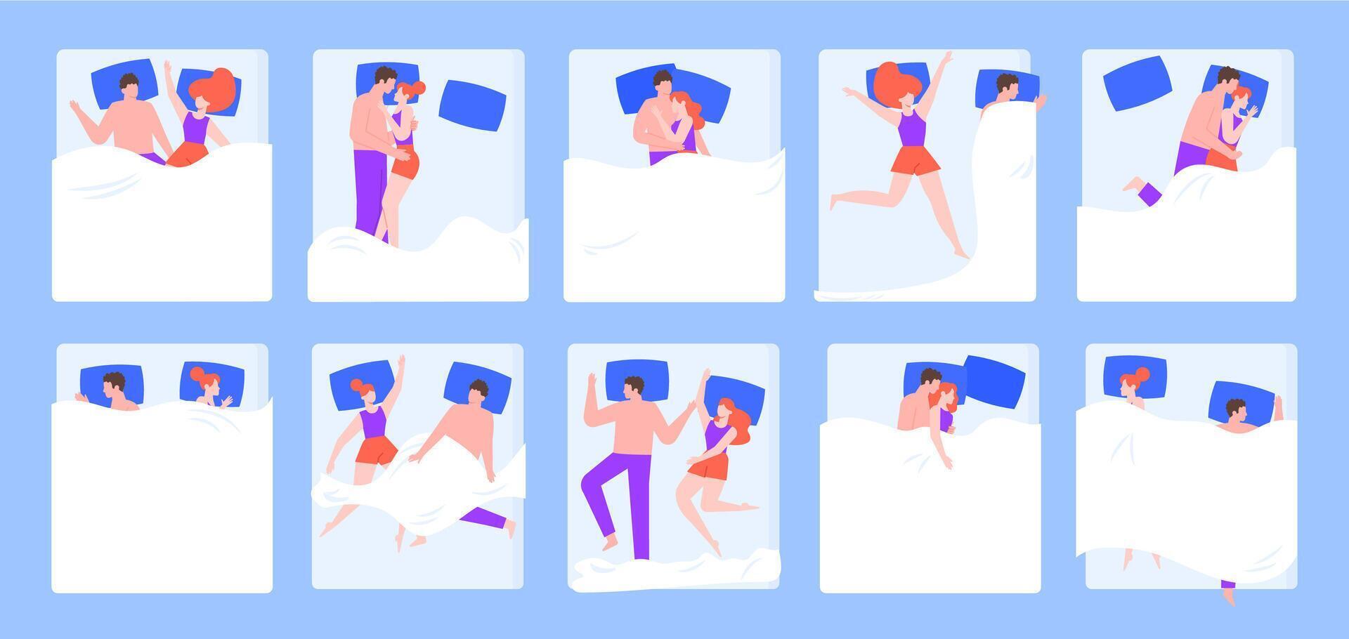 Pareja en cama. dormido pose, joven romántico Pareja dormido a dormitorio en pijama, sueño noche posición vector aislado ilustración conjunto