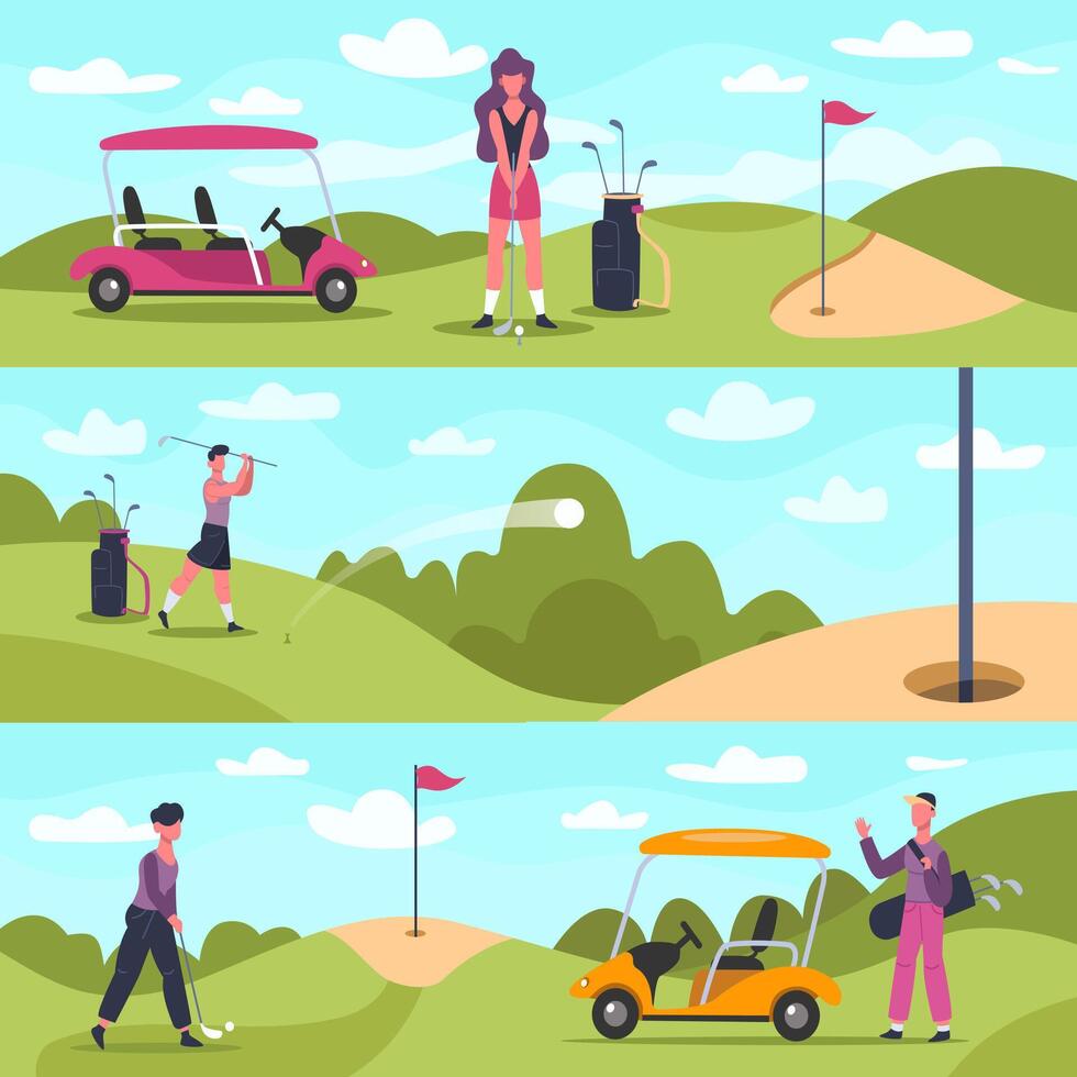 golf pancartas masculino y hembra golf caracteres jugando al aire libre Deportes, golf personas persecución y golpear pelota vector antecedentes ilustración