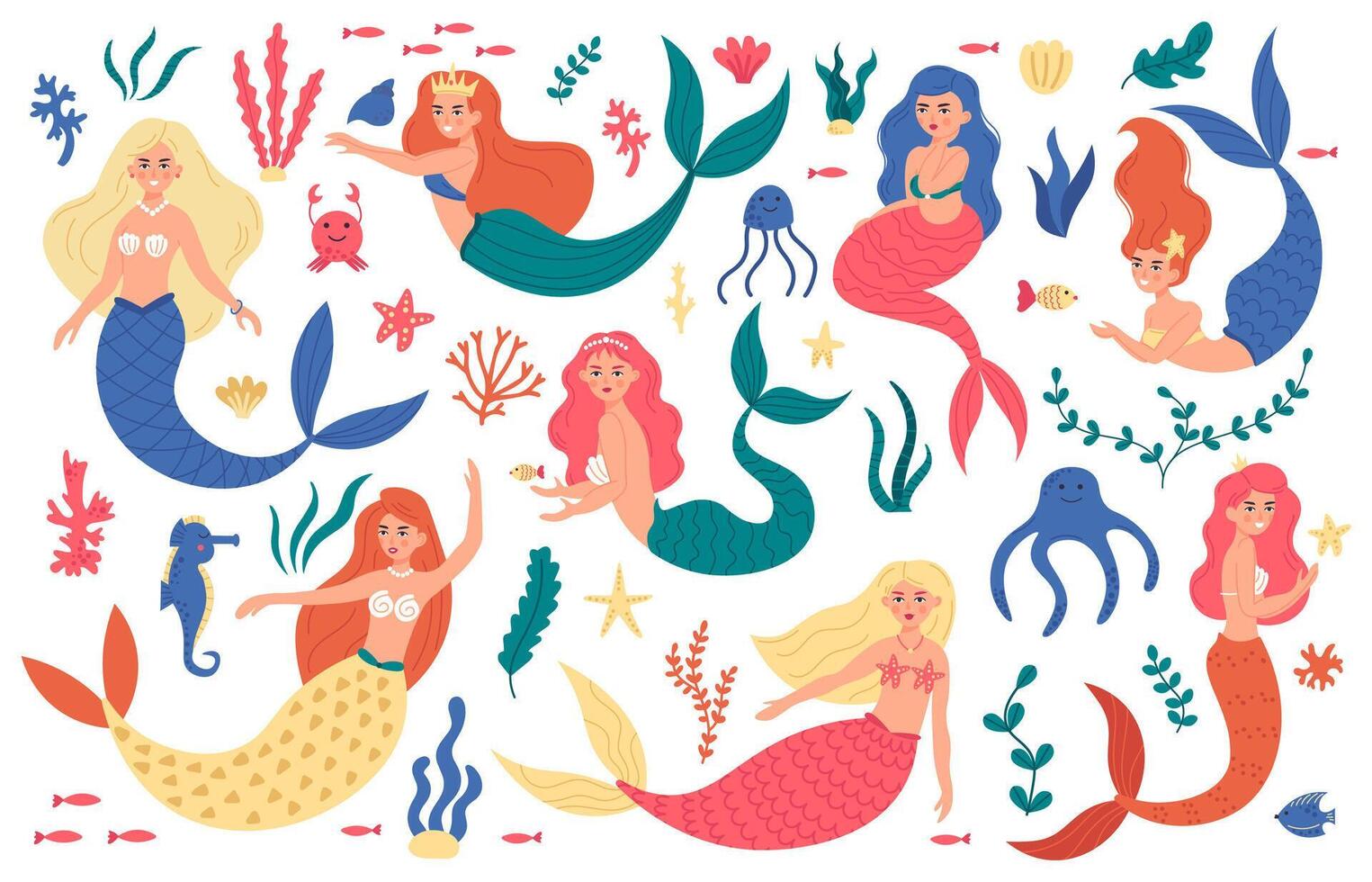 Cute mermaids. Princess mermaid characters, hand drawn magic fairy underwater, marine life, mermaid girls and sea elements vector illustration set