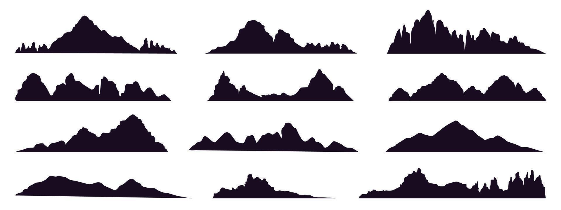 Mountains silhouette. Mountain peak, hills tops, berg and mountain valley silhouette, Tibet or Alps mountains sketch vector illustration set