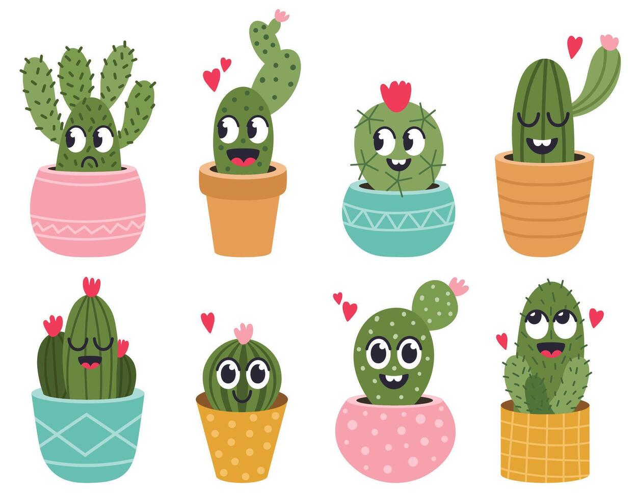 Cute cactus faces. Funny succulent cacti face, tropical prickly potted smiling plants, mexican cactus happy face vector illustration icons set