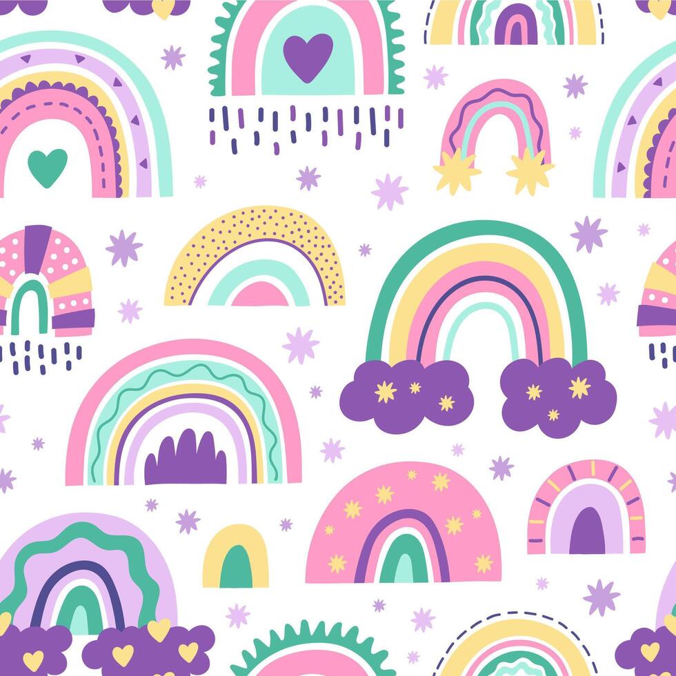 Cute nursery rainbow pattern. Doodle childish seamless pattern, scandinavian style rainbow. Kids nursery rainbows vector background illustration