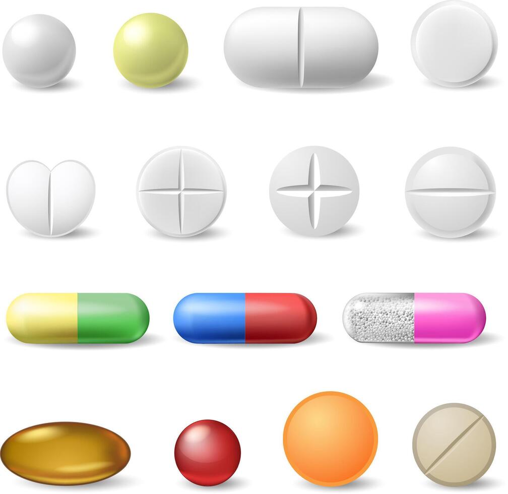 Realistic medical pills. Medicine healthcare vitamins and antibiotics capsule, pharmaceutical painkiller drugs isolated vector icons set