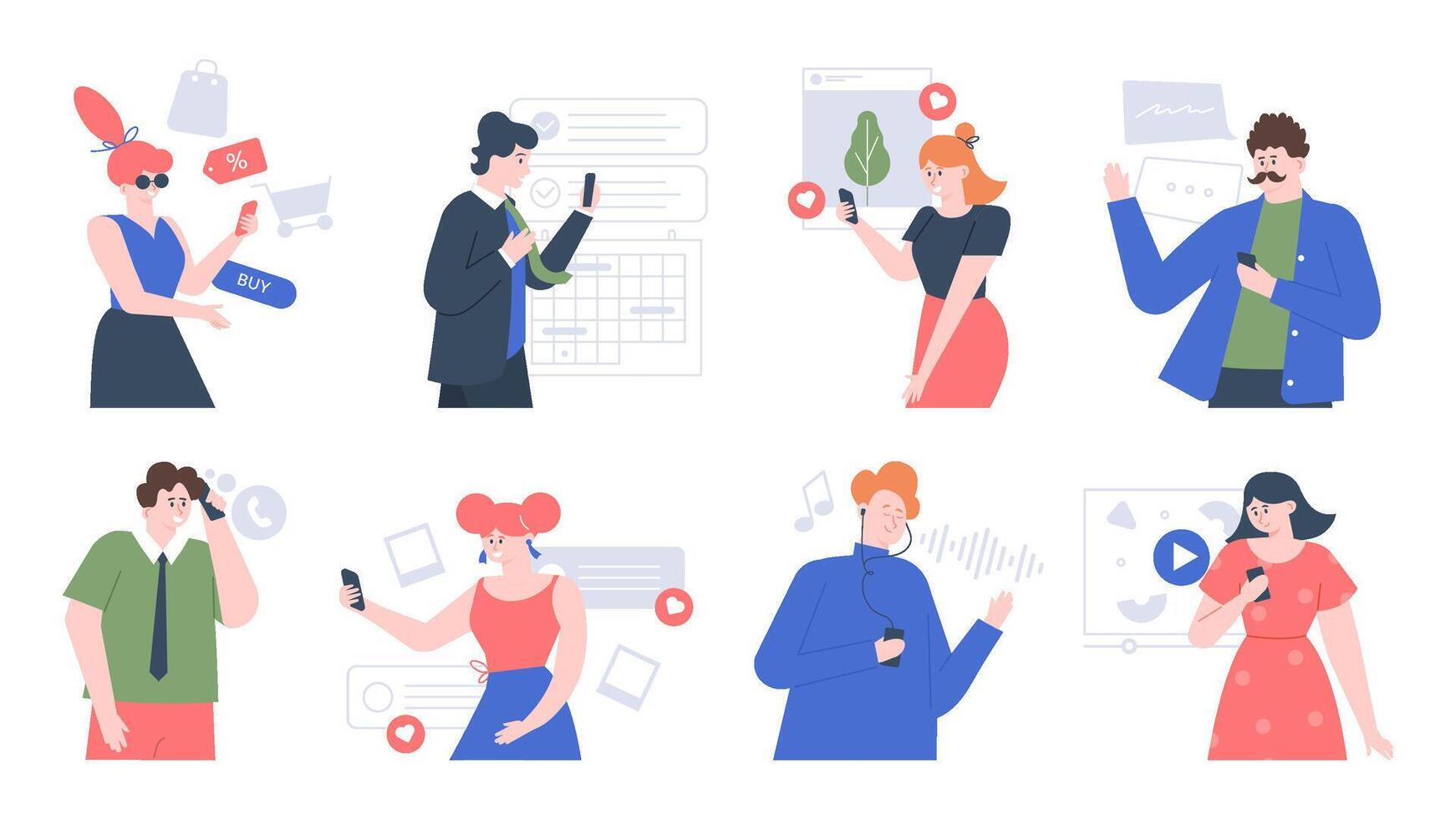 People use smartphones. Characters talking, taking selfies and listening to music using smartphones, men and women holding portable digital gadgets vector illustration set