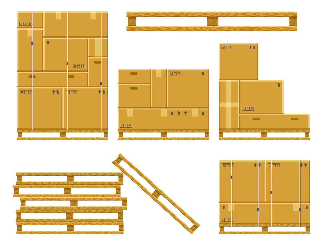 Cargo box stack. Carton delivery packaging boxes on wooden pallet, stacked cardboard package, warehouse storage boxes pile vector illustration set
