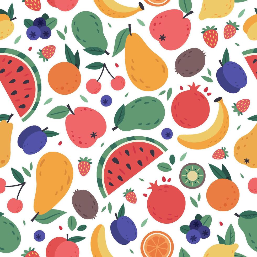 Fruits seamless pattern. Hand drawn doodle fruits, wrapping paper, vegan fabric or vegetarian meal menu, watermelon, mango, banana and strawberry vector colourful background