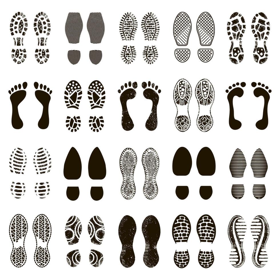 Shoes footprints. Footwear steps silhouette, boots or sneakers footstep print, barefoot textured steps isolated vector illustration icons set