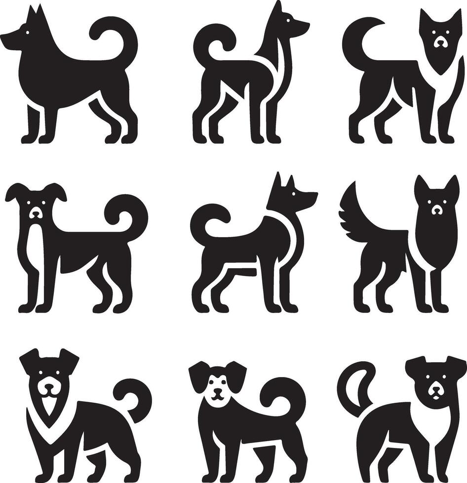 mínimo conjunto de un perro laico abajo diferente actitud vector icono en plano estilo negro color silueta, apartado cada elemento, blanco antecedentes 15