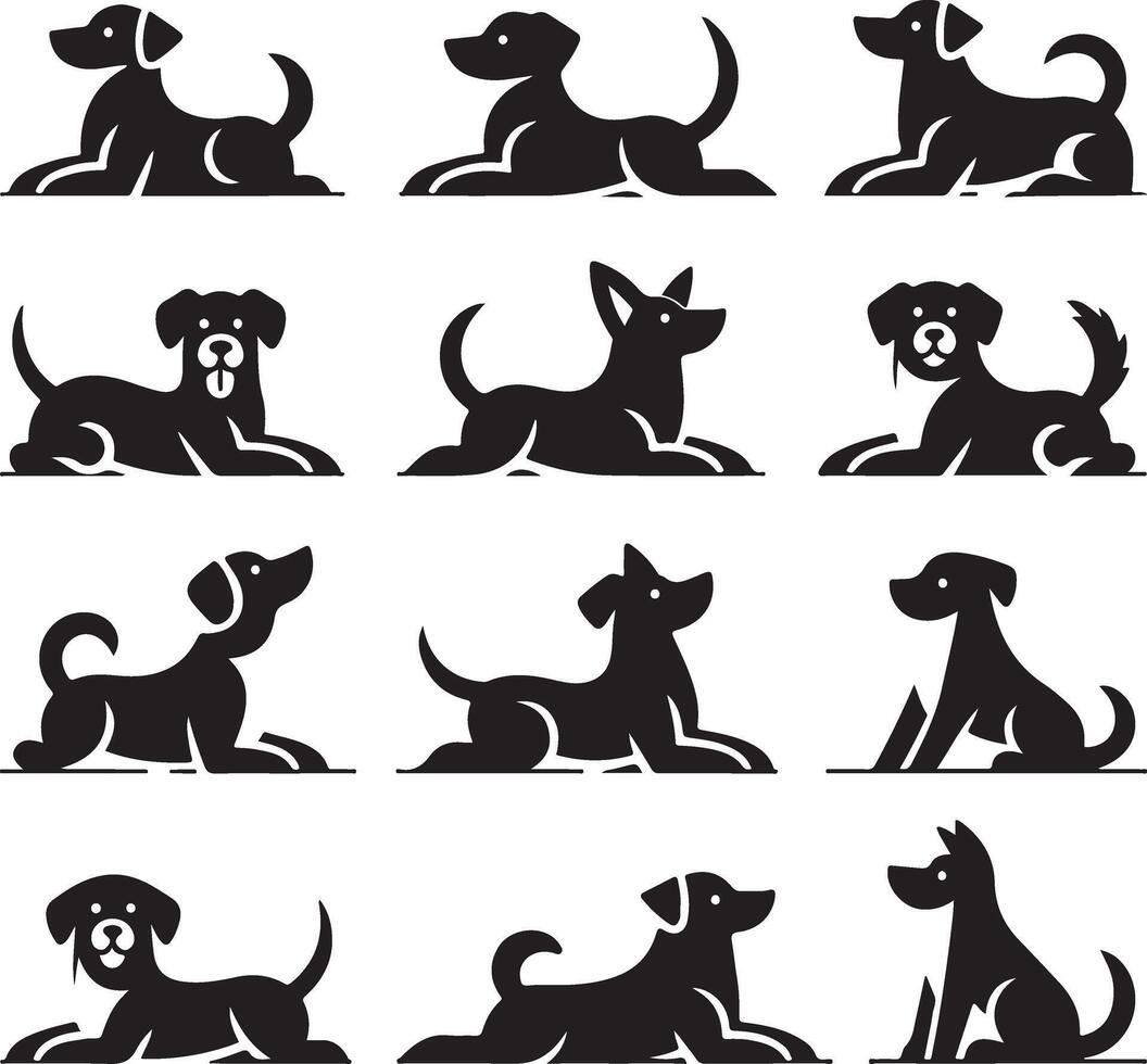 mínimo conjunto de un perro laico abajo diferente actitud vector icono en plano estilo negro color silueta, apartado cada elemento, blanco antecedentes 13