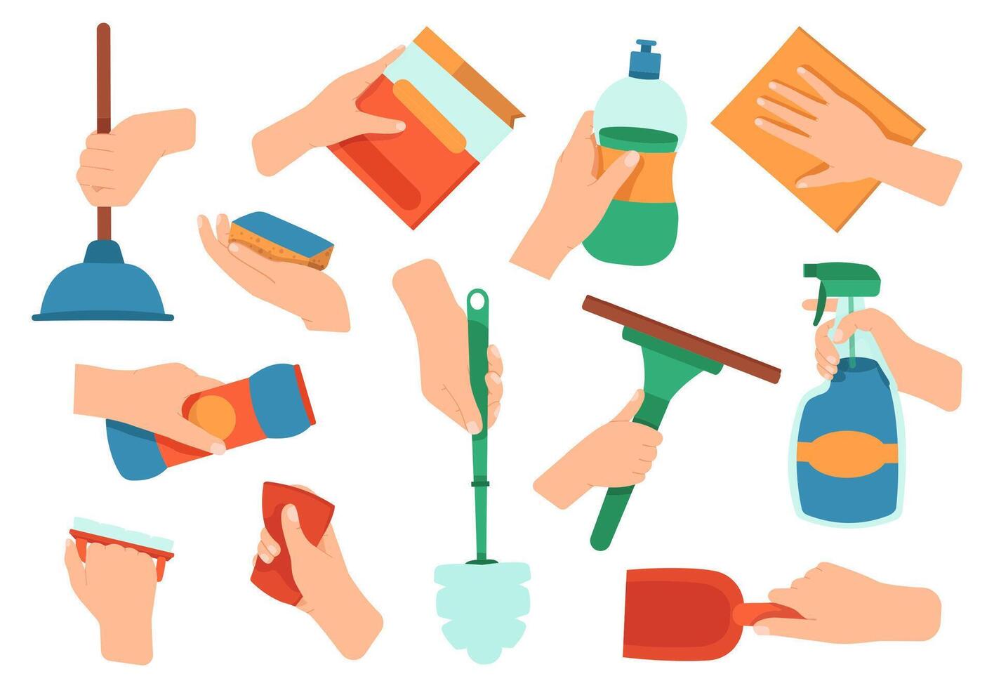 manos participación detergente. limpieza desinfección tareas del hogar suministros en manos, cocina y bañera Lavado equipo vector ilustración íconos conjunto