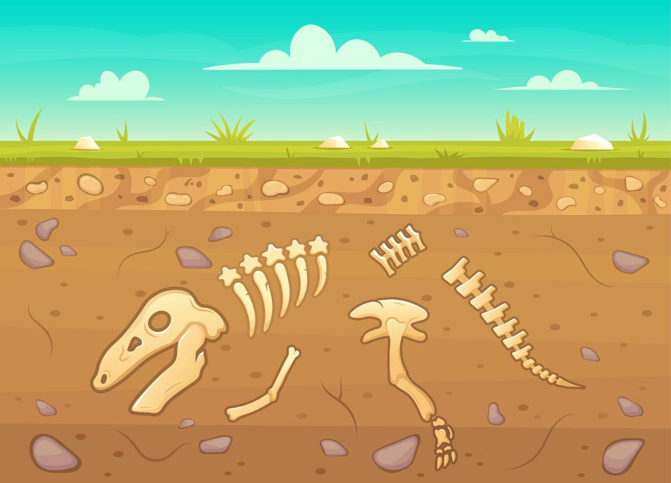 Cartoon reptile bones ground. Archeology buried bones game underground, dinosaur skeleton in soil layers vector background illustration