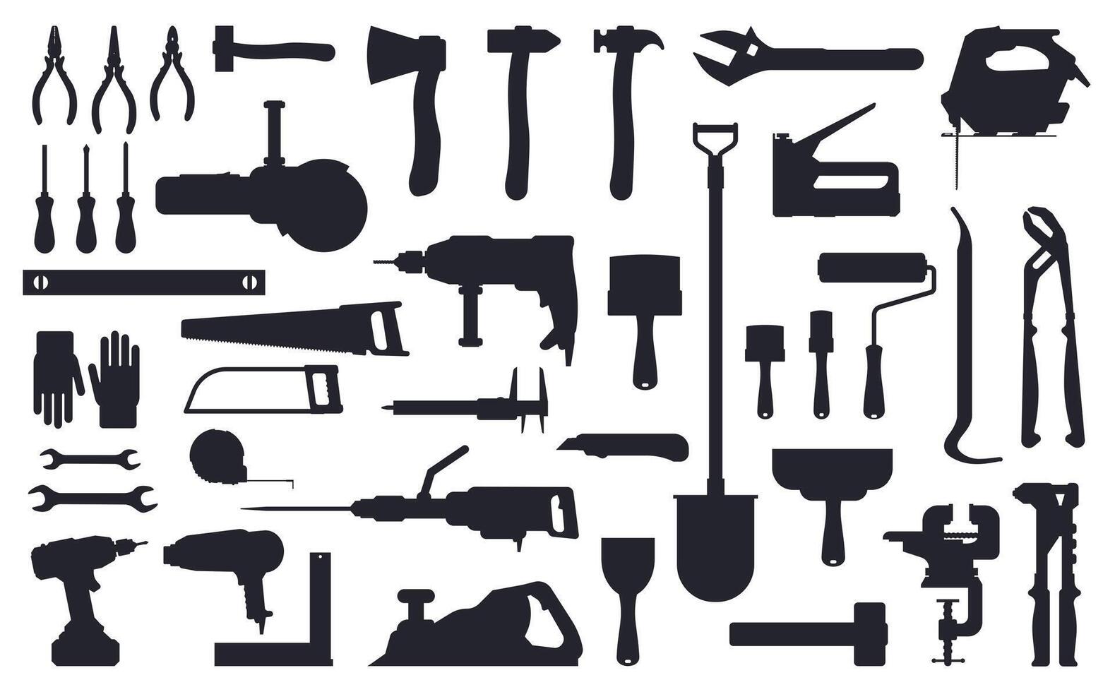 Tools silhouette. Working construction and repair tools, ax, shovel and drill black silhouettes isolated vector illustration icons set