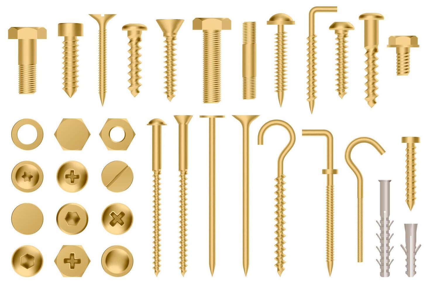 Realistic golden hardware. Construction gold metal hex cap nuts, 3d metal fixation gear, stainless screws and bolts vector illustration icons set