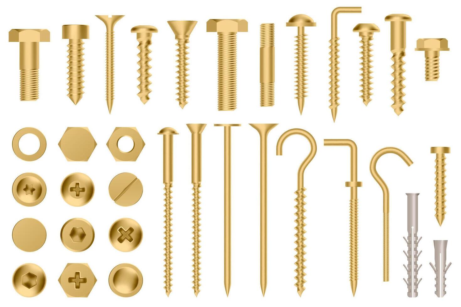 realista dorado hardware. construcción oro metal maleficio gorra nueces, 3d metal fijación engranaje, inoxidable empulgueras y tornillos vector ilustración íconos conjunto