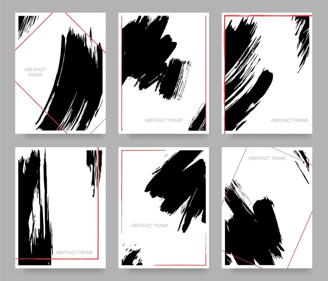 Textured brush background. Black ink Japanese style grunge texture posters. Minimalist oriental art vector background set