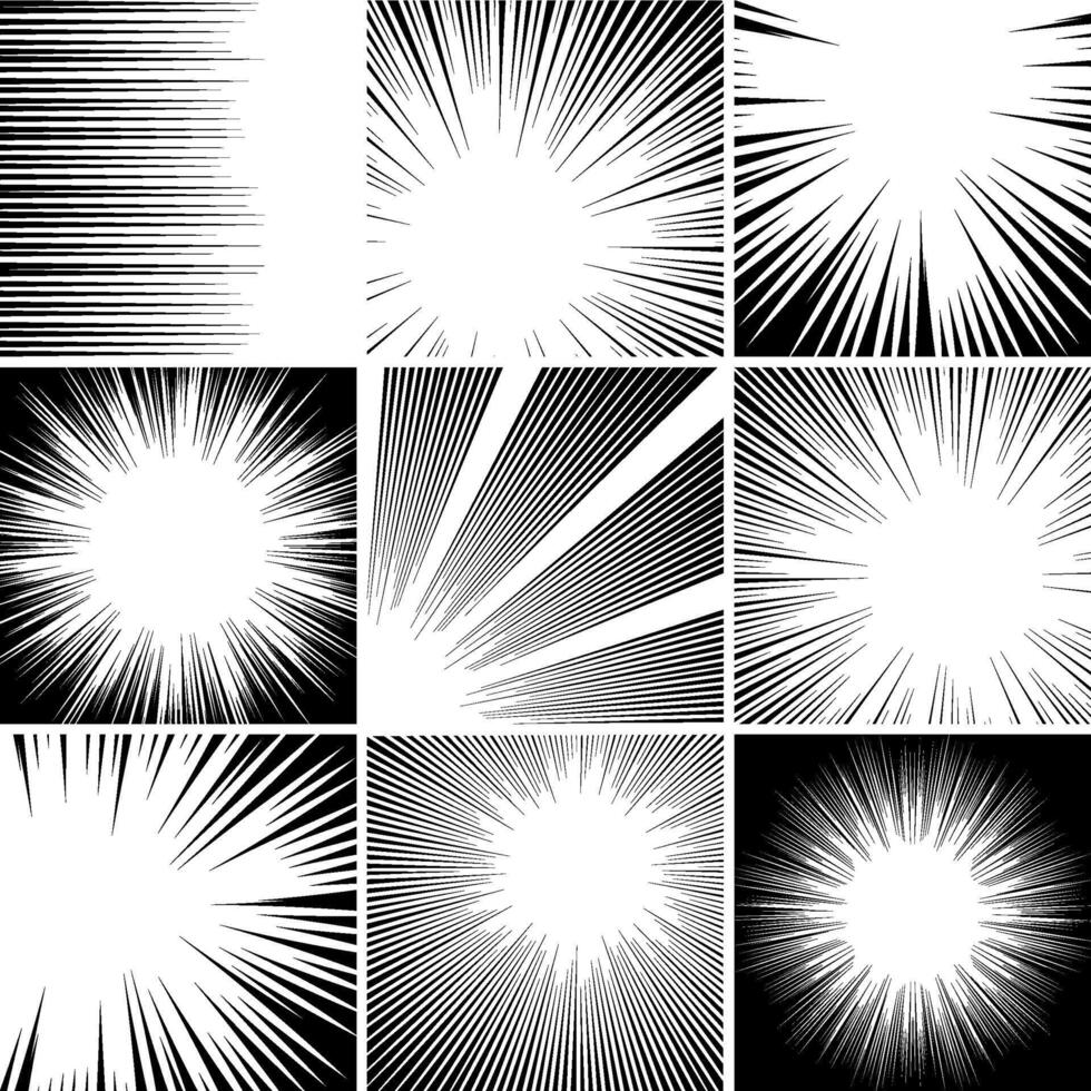 Comic retro background. Speed action lines template, comic book stripe effects and motion wave explosions elements vector background set. Collection of black and white manga backdrops