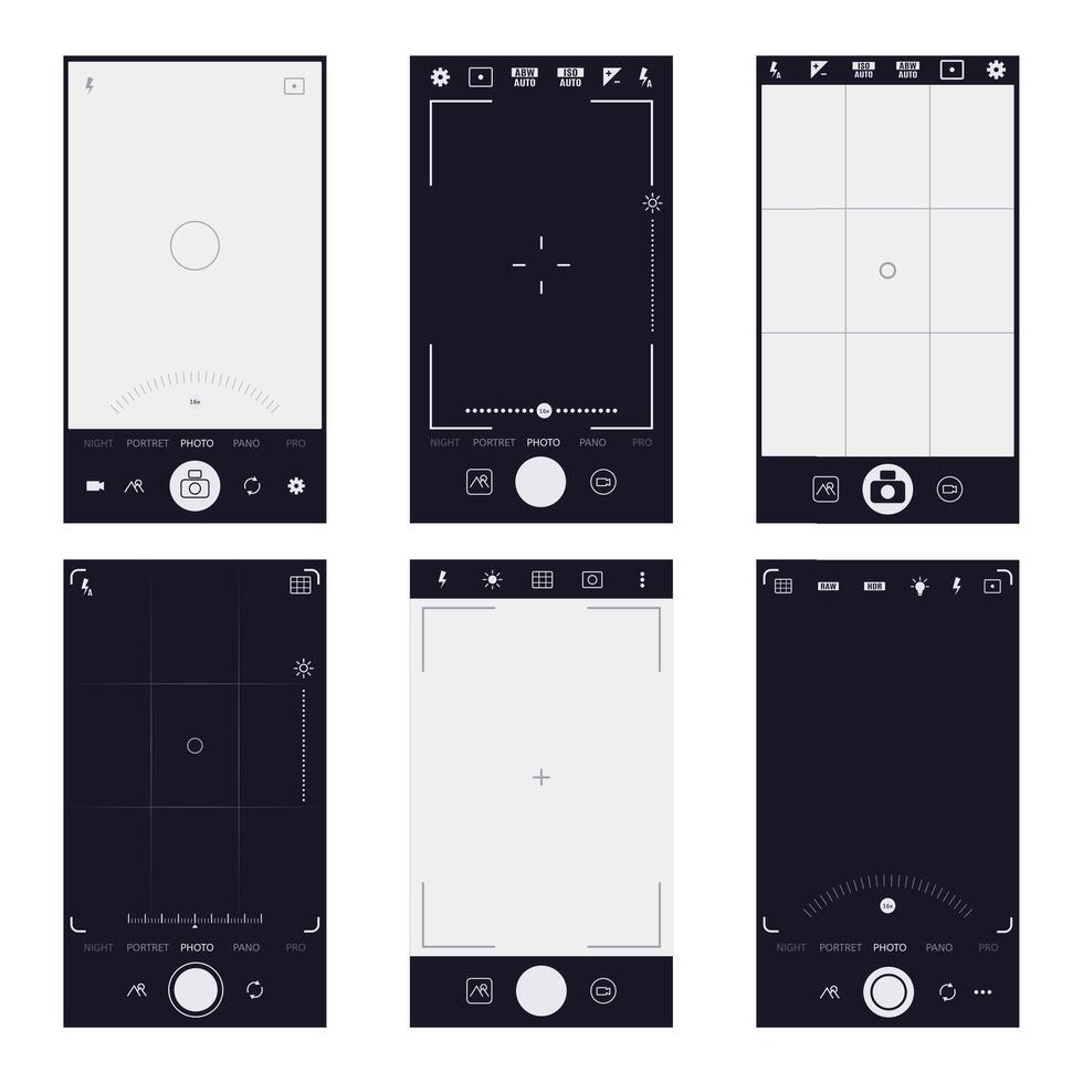 móvil visor interfaz. teléfono inteligente cámara foto y vídeo tiroteo, teléfono instantánea mostrar. móvil vídeo y foto aplicación vector ilustraciones