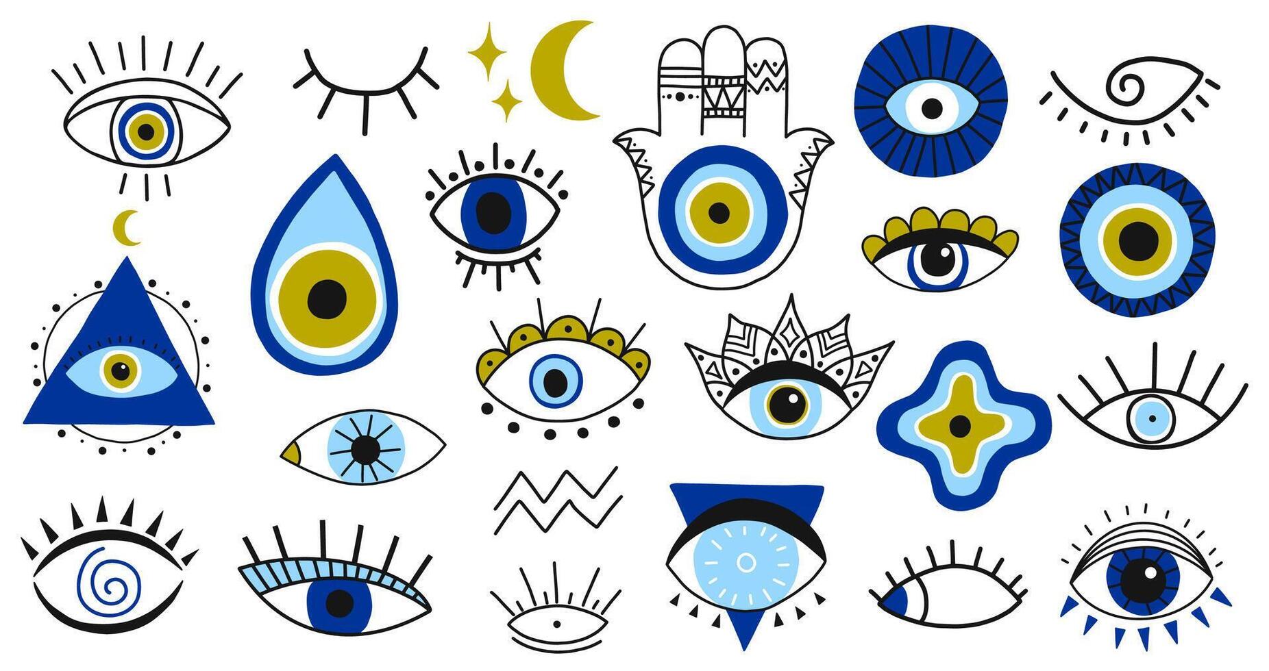 mal ojo simbolos mano dibujado ojos talismanes, Fátima mano, hamsa y turco mal ojo, sagrado espiritualidad amuletos vector ilustración íconos conjunto