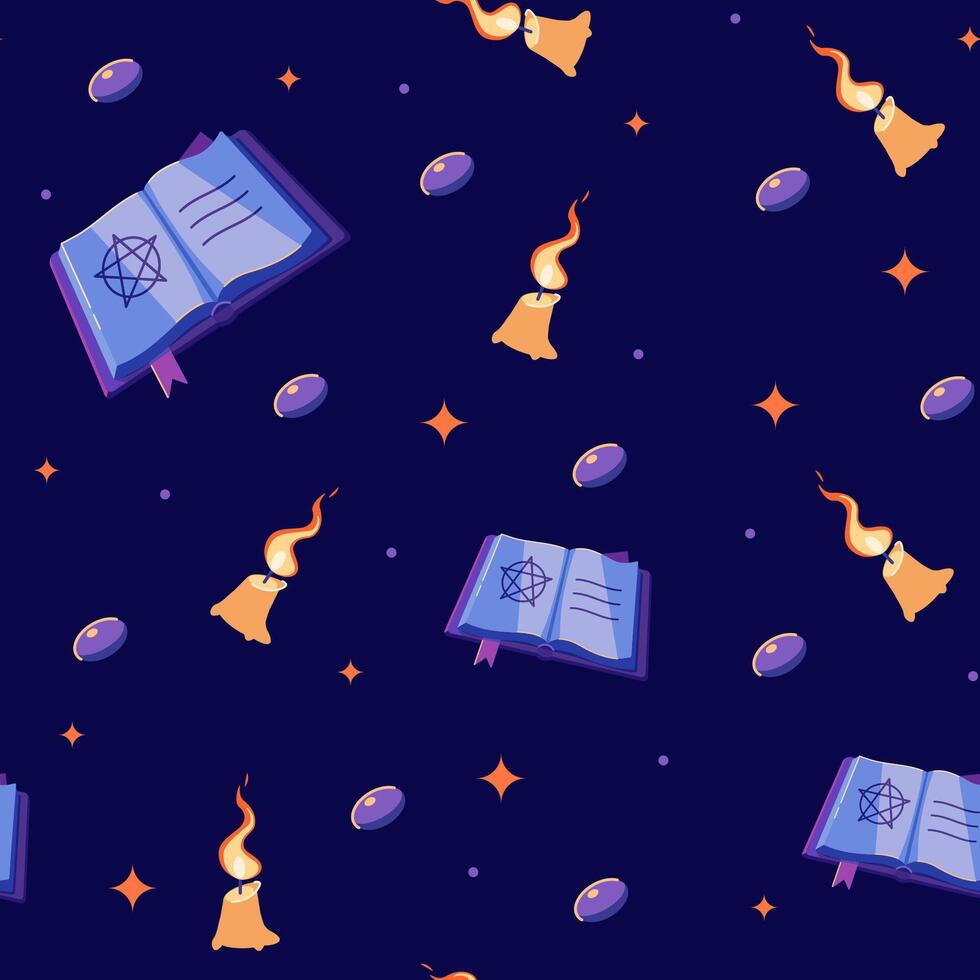 Halloween seamless pattern with books, candles and gems. Witch book with candles. Seamless pattern vector