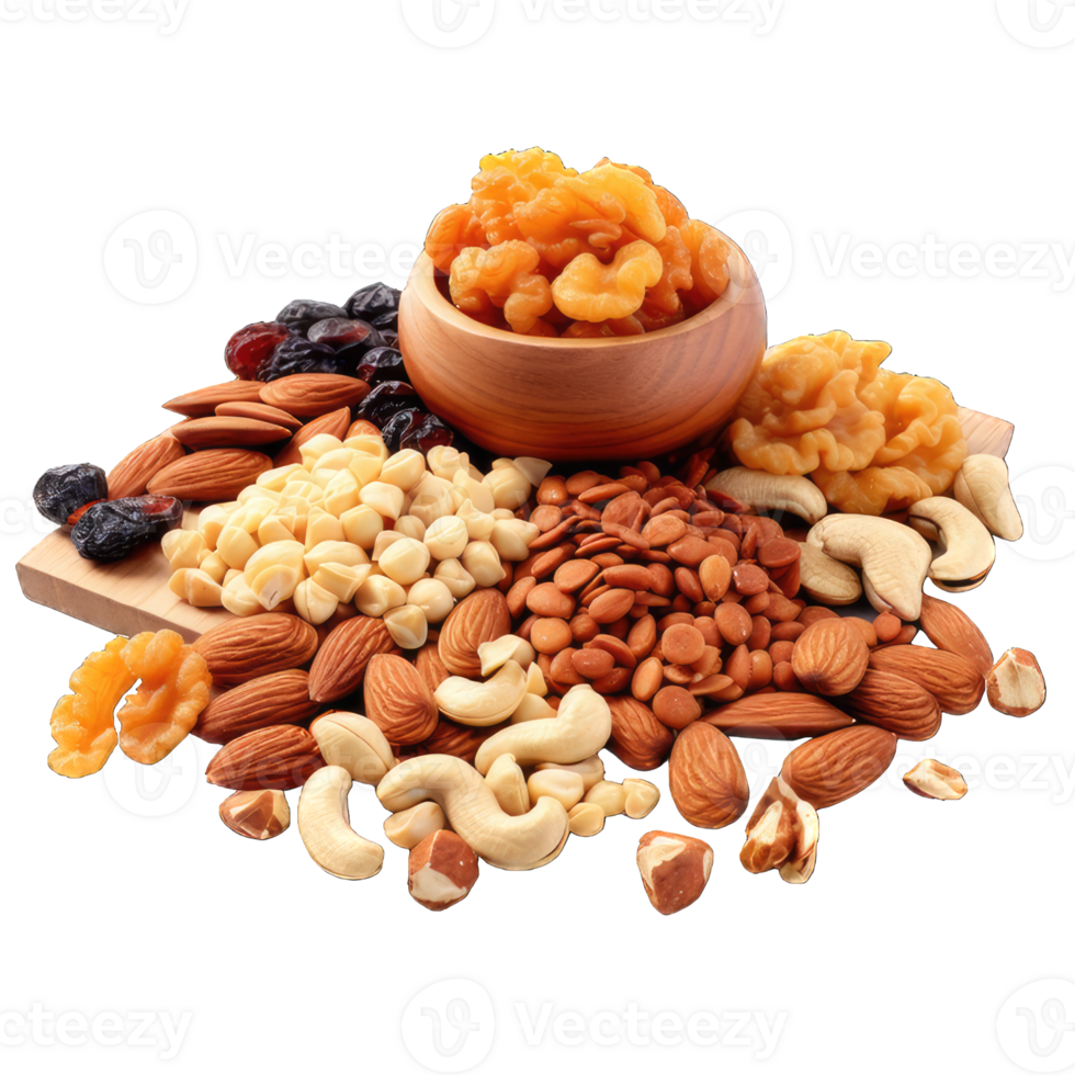 AI generated Frame of different kinds of nuts. Cashew, hazelnut, almond, walnut, cedar. transparent background png