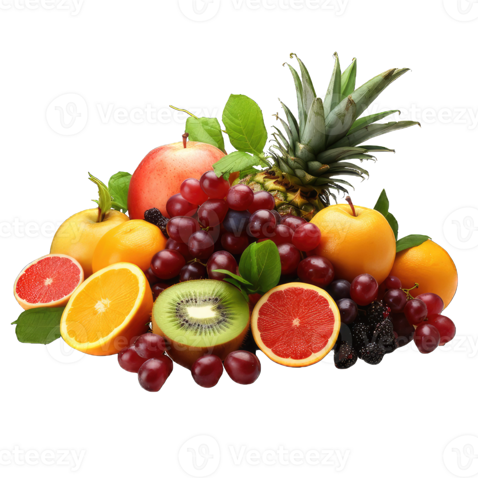 AI generated Fresh summer fruits with apple, grapes, berries, pear and apricot. on transparent background PNG