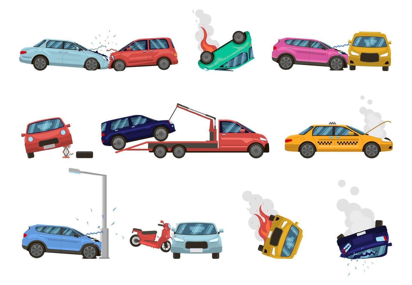 Vehicle damage. Transport crash and dangerous damage, broken, fractured vehicles, different unpleasant situations on city road vector illustration set