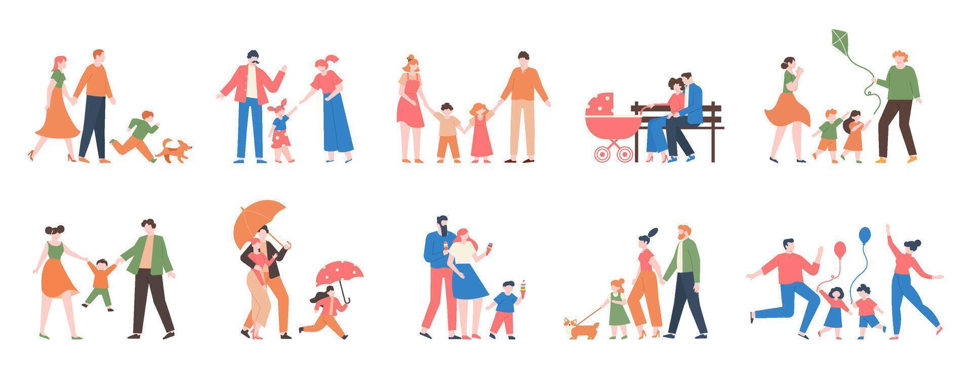 Family walking. Relatives people outdoor, mom, dad and kids at walk, have fun together, active lifestyle of cute family vector illustration set