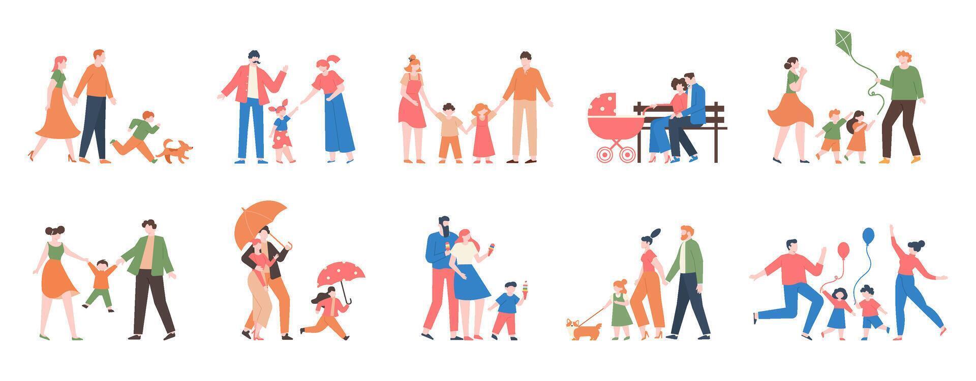 familia caminando. parientes personas exterior, mamá, papá y niños a caminar, tener divertido juntos, activo estilo de vida de linda familia vector ilustración conjunto