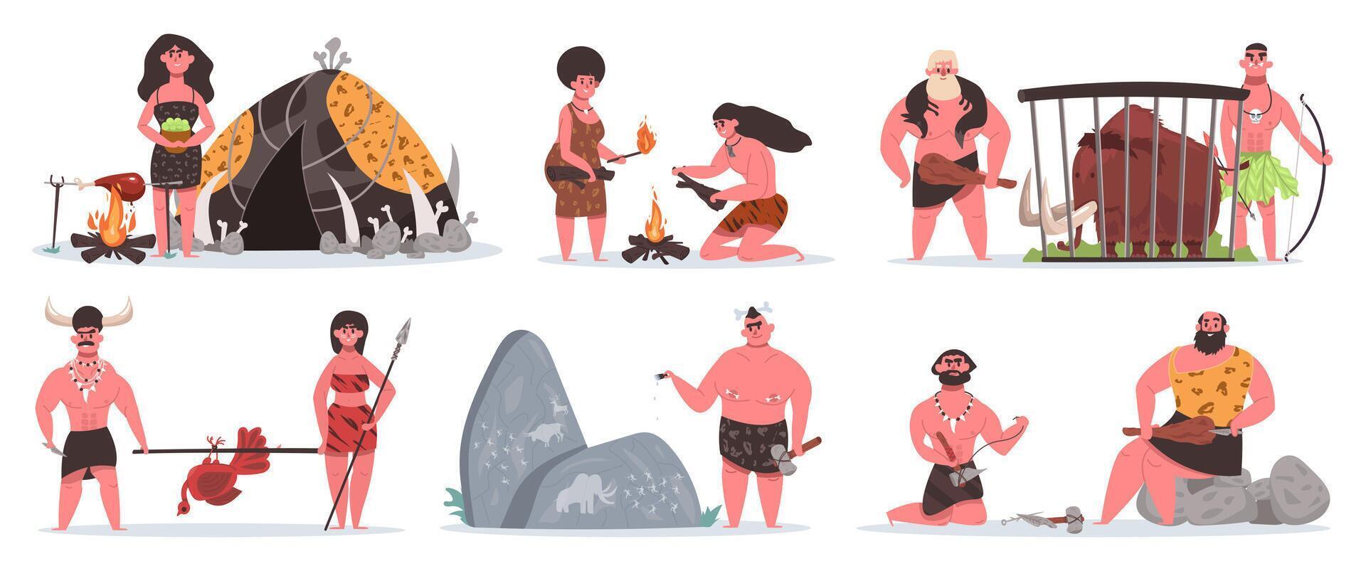 Prehistoric characters. Caveman life scenes, stone age cave and hut. Hunting, cooking and collecting primitive people vector illustrations