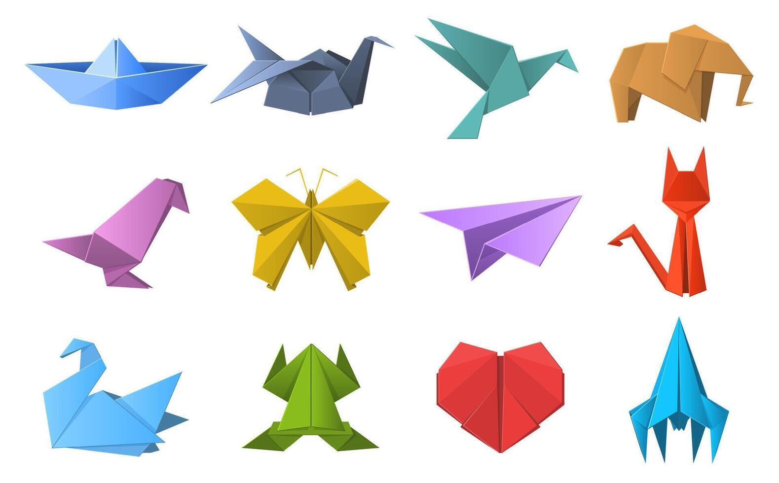 Paper origami shapes. Origami polygonal paper folding, pigeon, animals, plane and ship figures. Oriental origami hobby vector illustration set