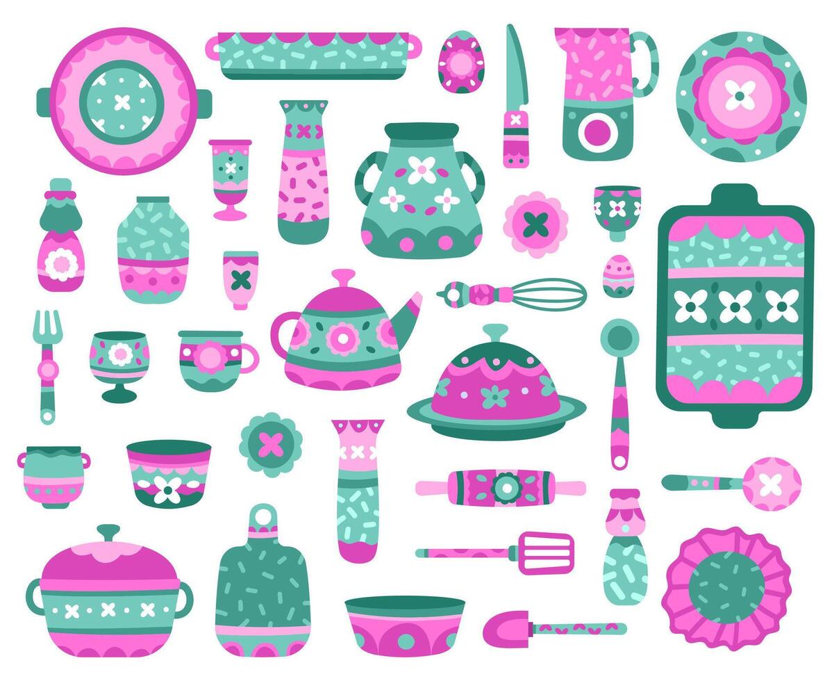 dibujos animados cocina platos. cerámico vajilla, platos, tetera, tazas y platos, porcelana cerámico vajilla vector ilustración íconos conjunto