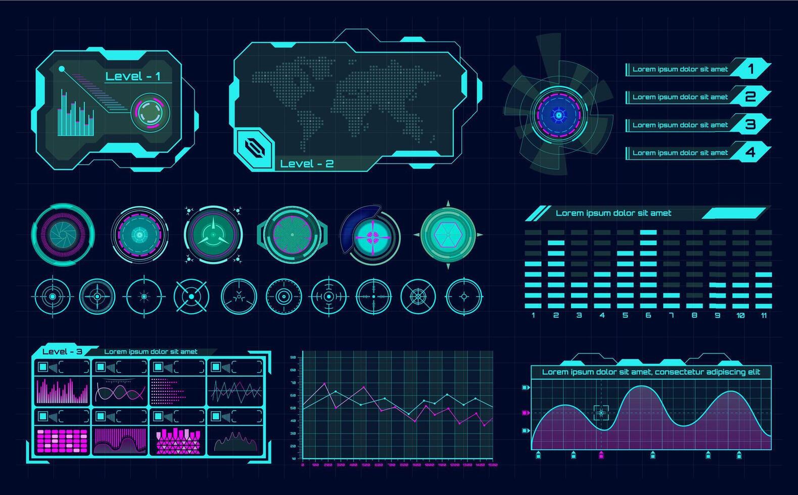 futurista holograma ui infografía grafico interfaz, virtual hud marcos y digital bar regulador, Ciencias holograma botones vector íconos conjunto