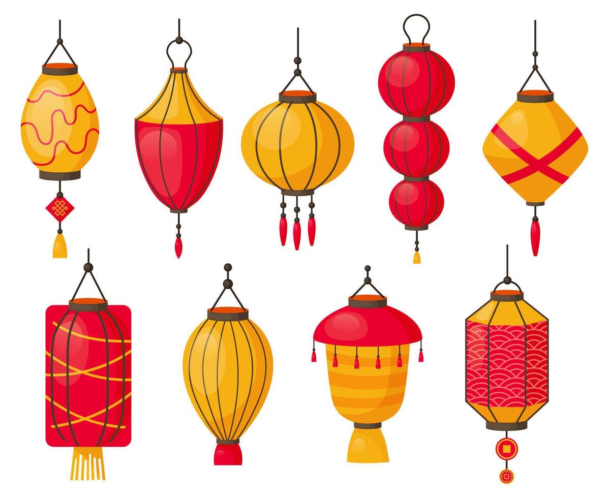 asiático linternas chino tradicional rojo papel lámparas, japonés o chino calle decoración. oriental festival linternas aislado vector símbolos