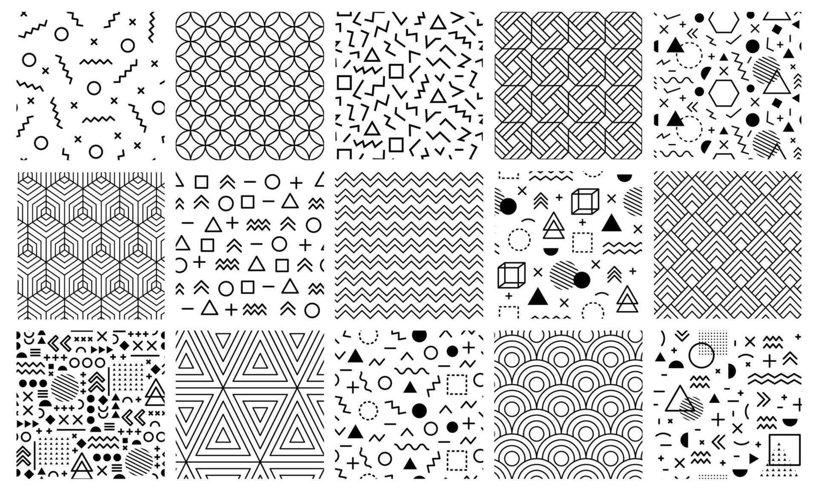 memphis geométrico patrones. sin costura Años 80 resumen laberinto patrones, 90s estilo memphis patrón, geométrico garabatear vector antecedentes ilustración conjunto