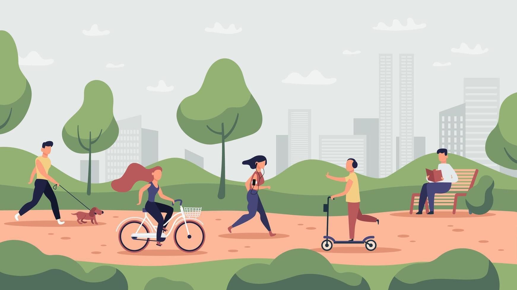 parque actividades. al aire libre deporte rutina de ejercicio y sano estilo de vida, personas correr, montando bicicleta y correr, parque ocupaciones vector ilustración