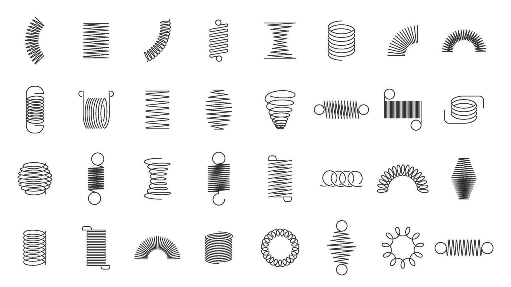 Spring coils. Metal spiral spring, car motor coil swirls silhouette, wire springs, metallic flexible coils and linear steel curved spiral elements isolated vector icons set