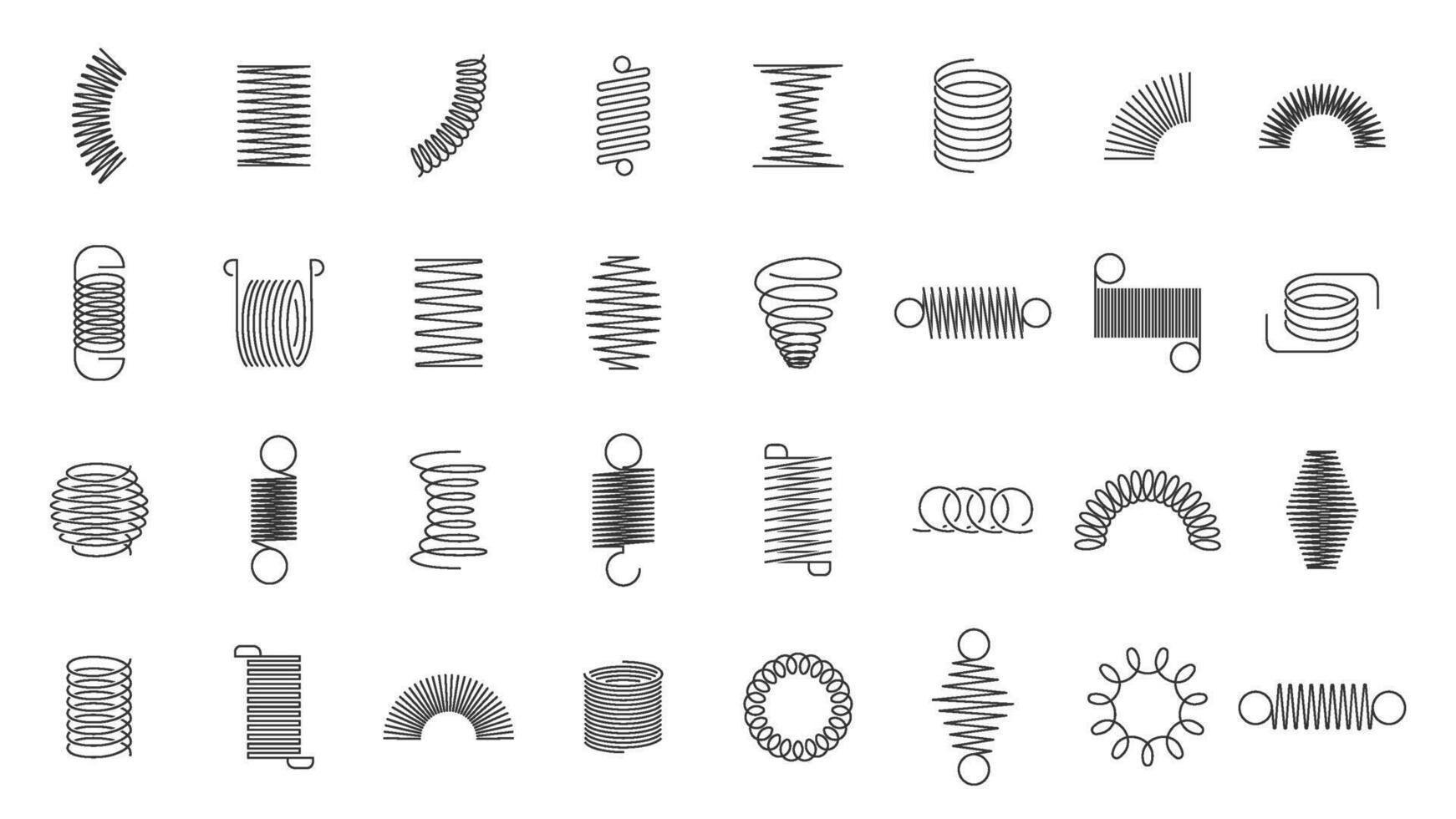 Spring coils. Metal spiral spring, car motor coil swirls silhouette, wire springs, metallic flexible coils and linear steel curved spiral elements isolated vector icons set