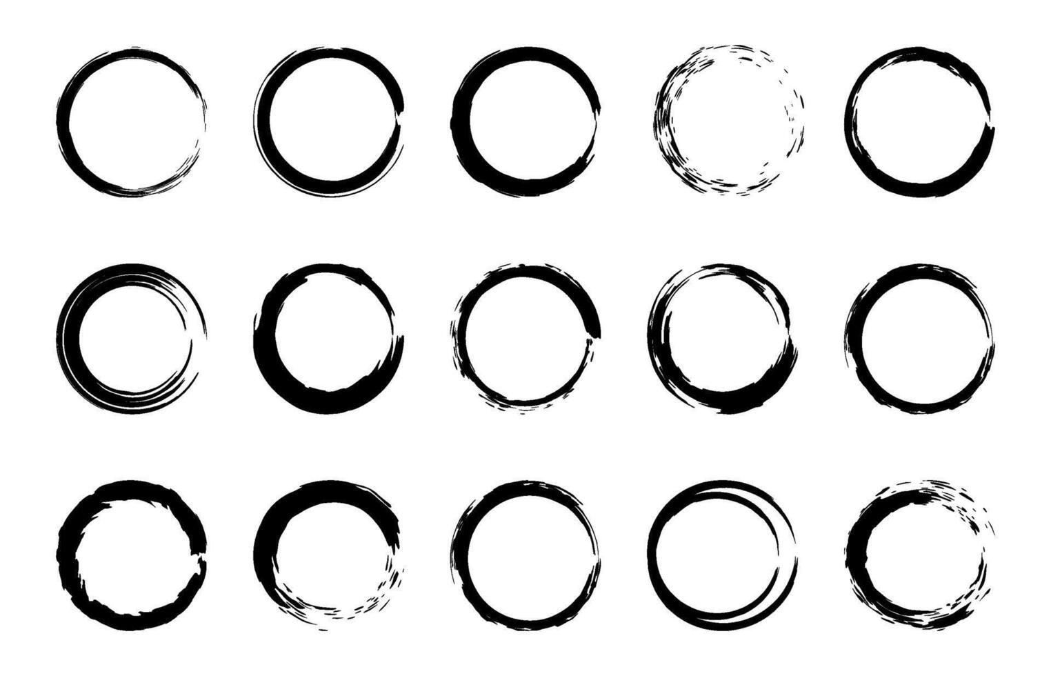 Round grunge brush frames. Circle and stamp brush stroke borders, artistic brush blots and black paint frame design vector isolated elements set. Collection of paintbrush rings on white background