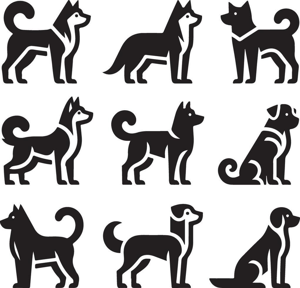 mínimo conjunto de un perro laico abajo diferente actitud vector icono en plano estilo negro color silueta, apartado cada elemento, blanco antecedentes 4 4