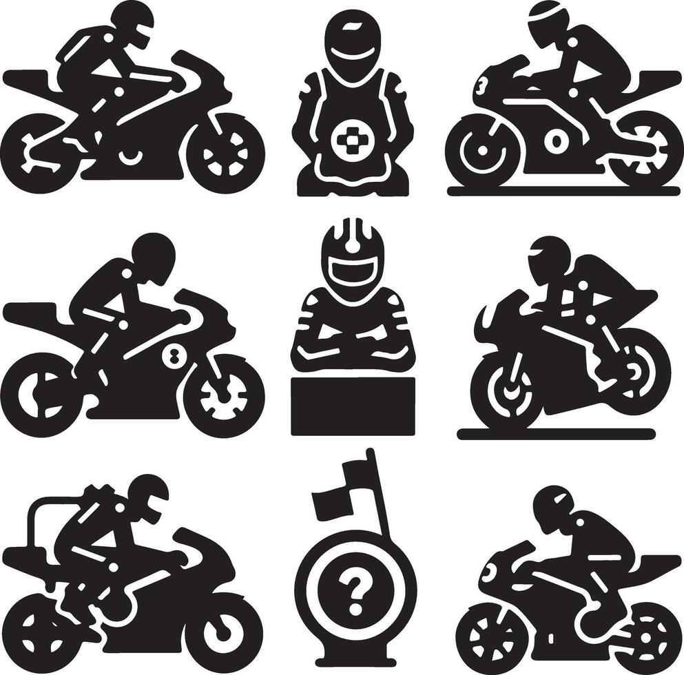 minimal Set of moto gp rider pose vector icon in flat style black color silhouette, white background 8