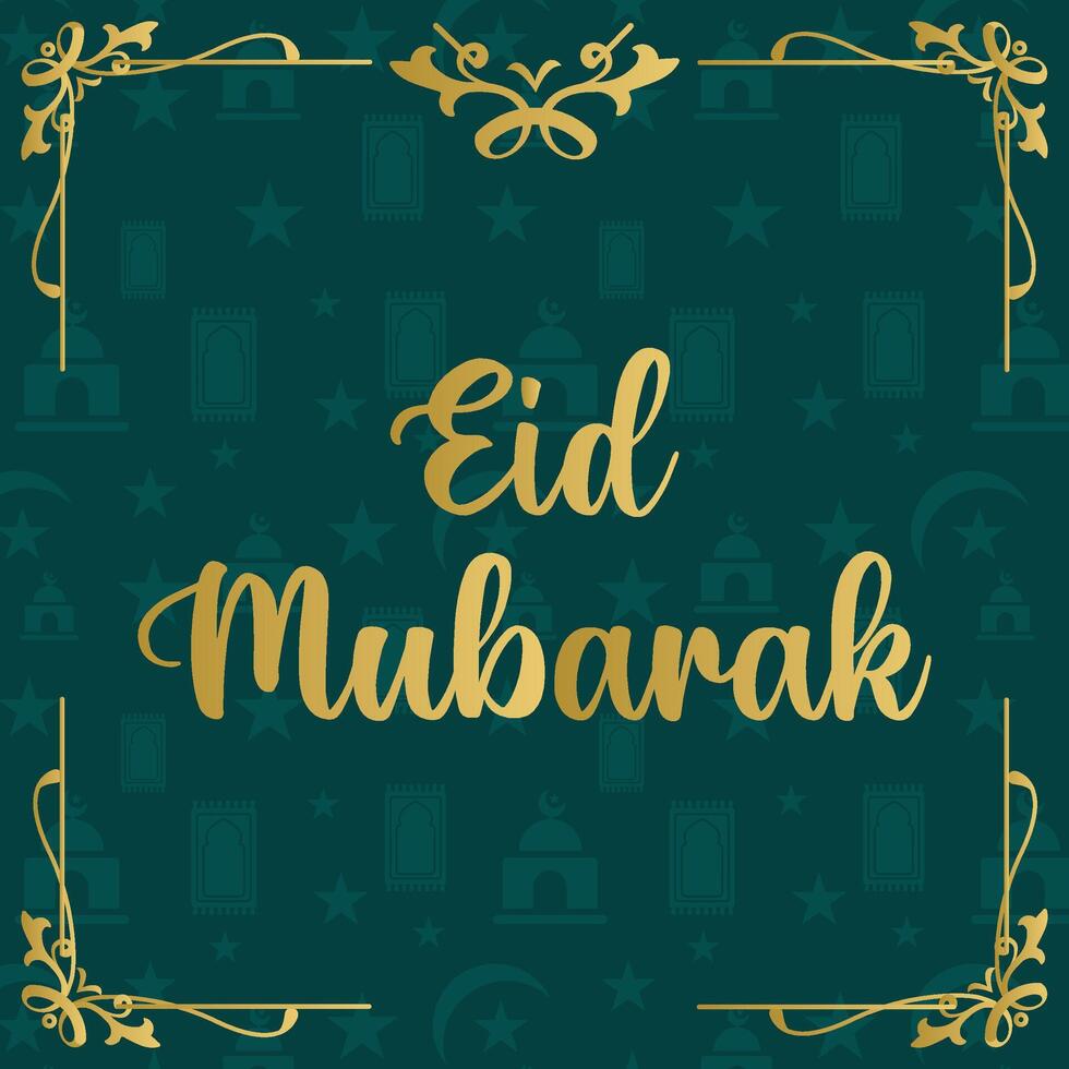 contento eid Mubarak celebracion, fiesta tarjeta con creciente Luna y dorado linterna, sólido color antecedentes vector