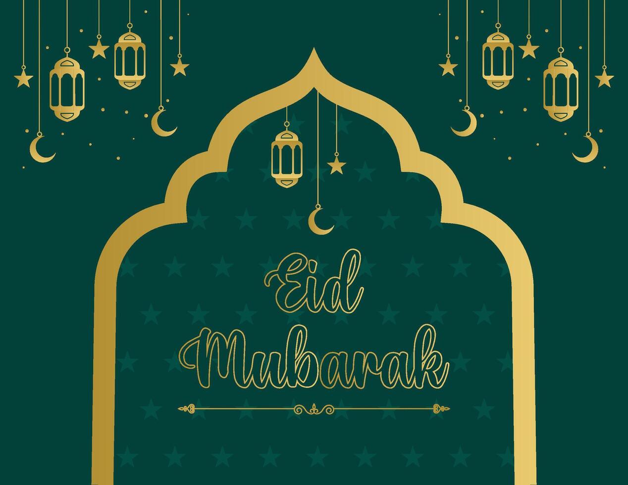 contento eid Mubarak celebracion, fiesta tarjeta con creciente Luna y dorado linterna, sólido color antecedentes vector