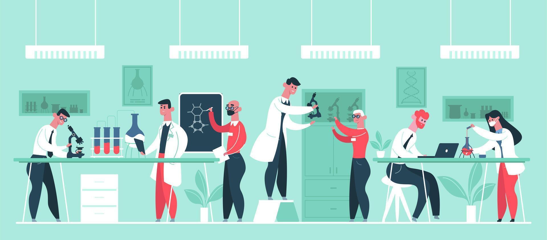 Science research laboratory. Chemical scientist researchers in lab coats, lab worker clinic experiments isolated vector illustration