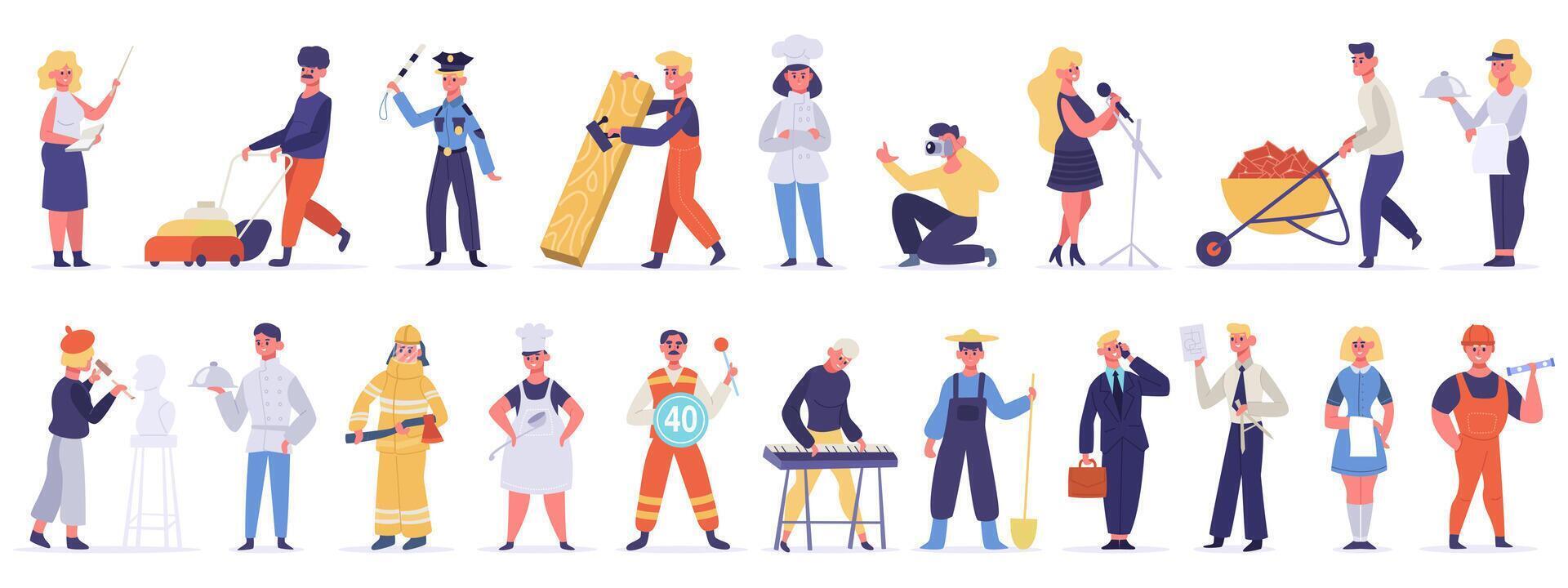 Professional characters. Male and female employee, specialist people group, businessman, waiter, engineer and artist vector illustration set