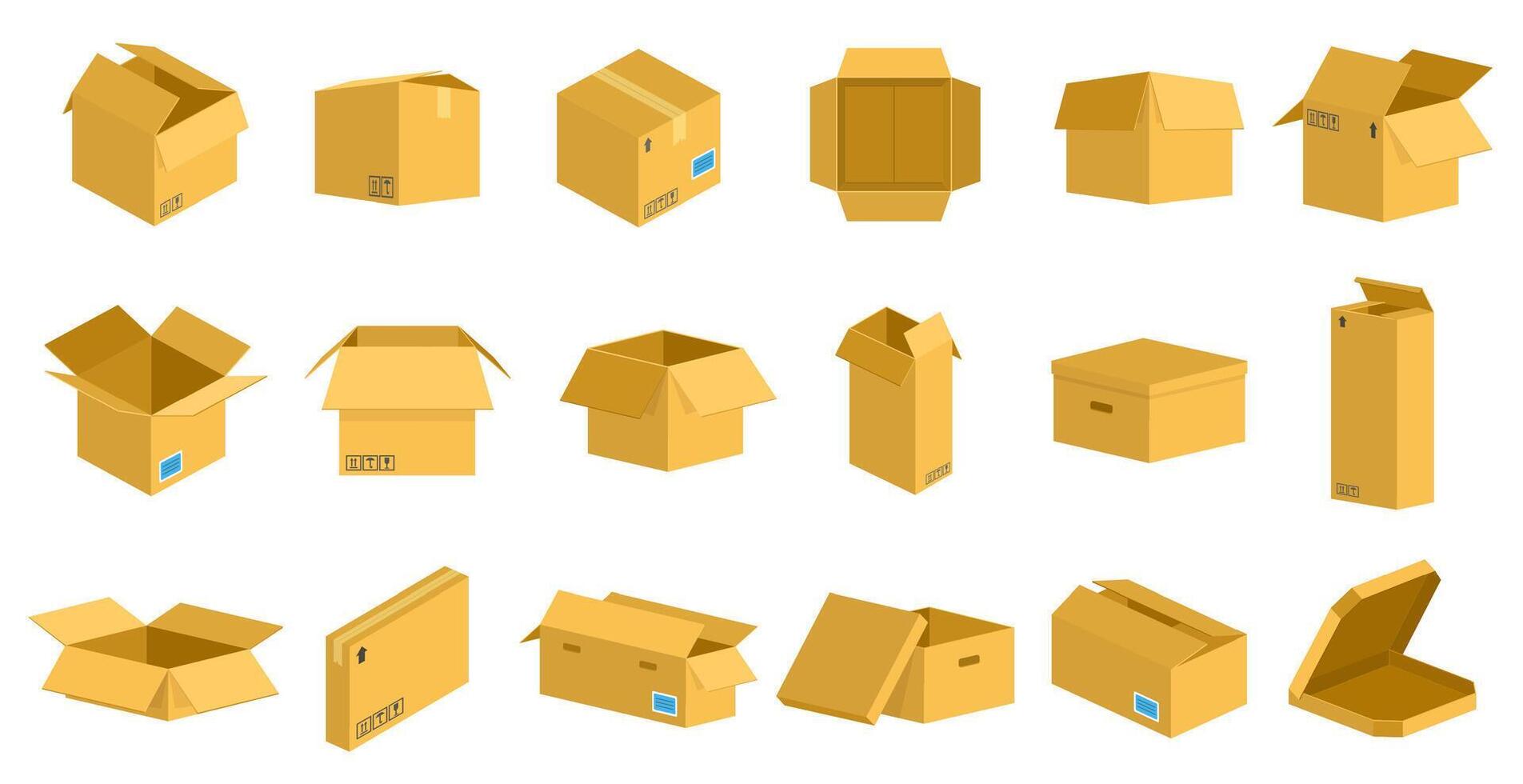 Storage cardboard boxes. Packaging delivery cardboard box, brown postal parcel package, open and closed recycling boxes vector illustration set
