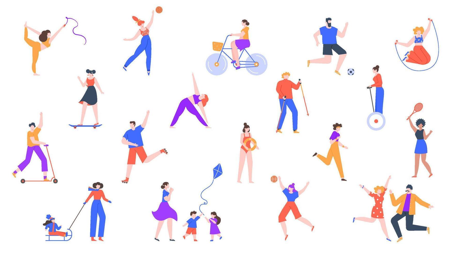 Outdoor activity. Characters jogging and do sports, outdoor healthy activities, riding kick scooter, roller skating and cycling vector icon set