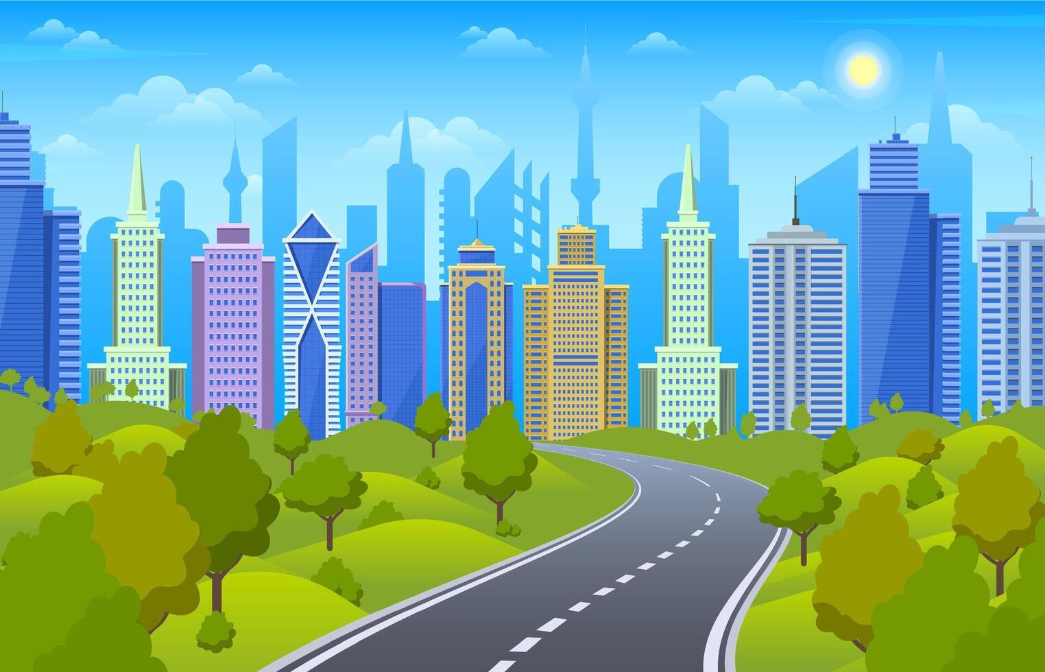 Roadside cityscape. Urban highway with city skyline and park area, downtown, highway view and nature landscape scene vector illustration