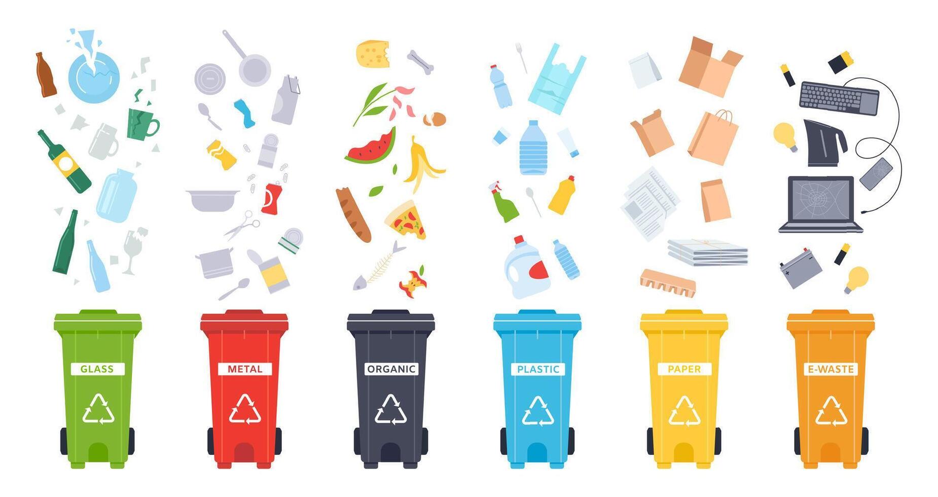 Trash containers. Organic, e-waste, plastic, paper, glass and metal trash containers. Recycling garbage to save the environment vector illustration set. Waste sorting. Rubbish cans on white background