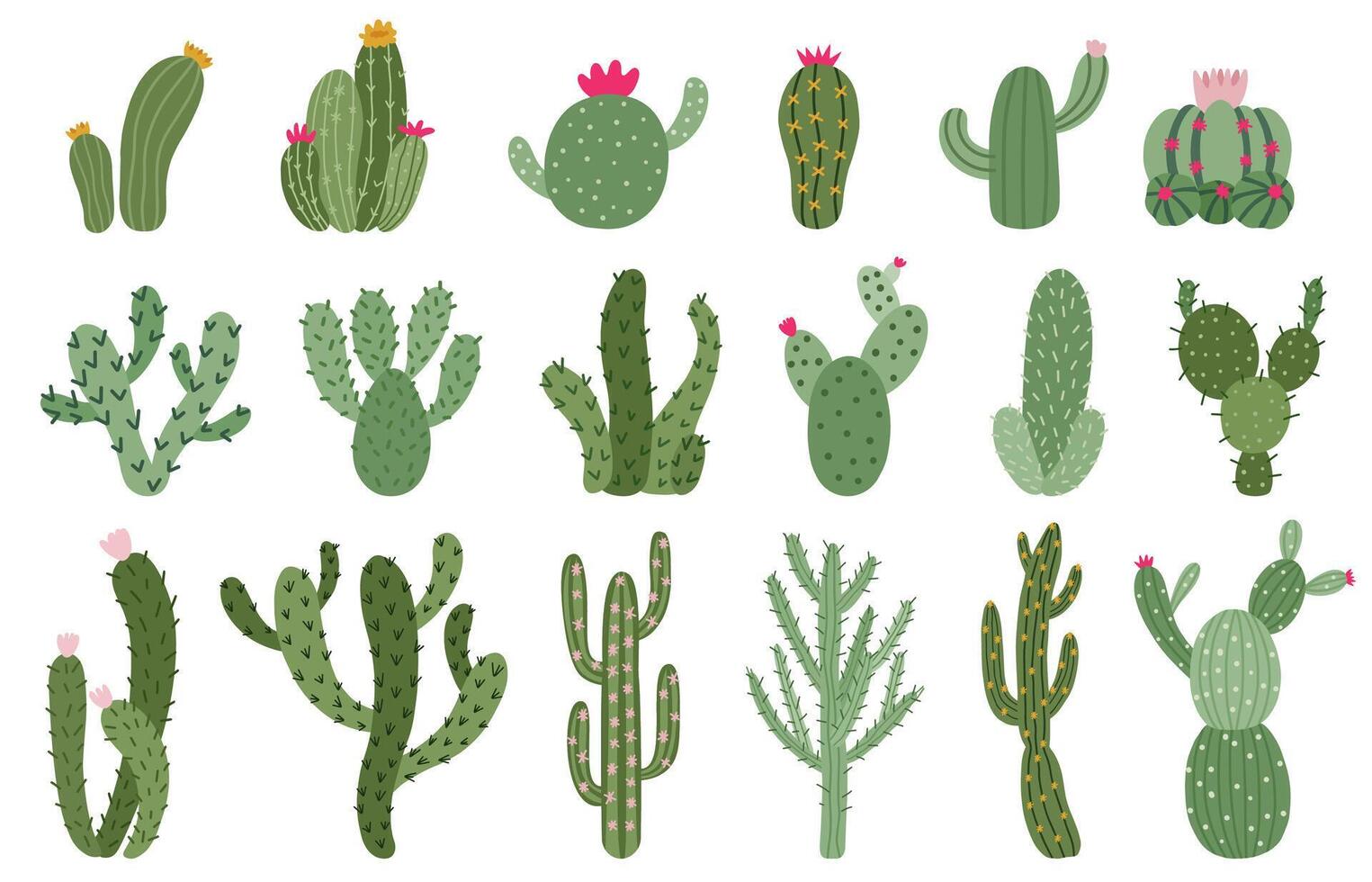 Cute cactus. Succulents and cacti flower, green prickly desert house plants, tropical home plants isolated vector illustration icons set