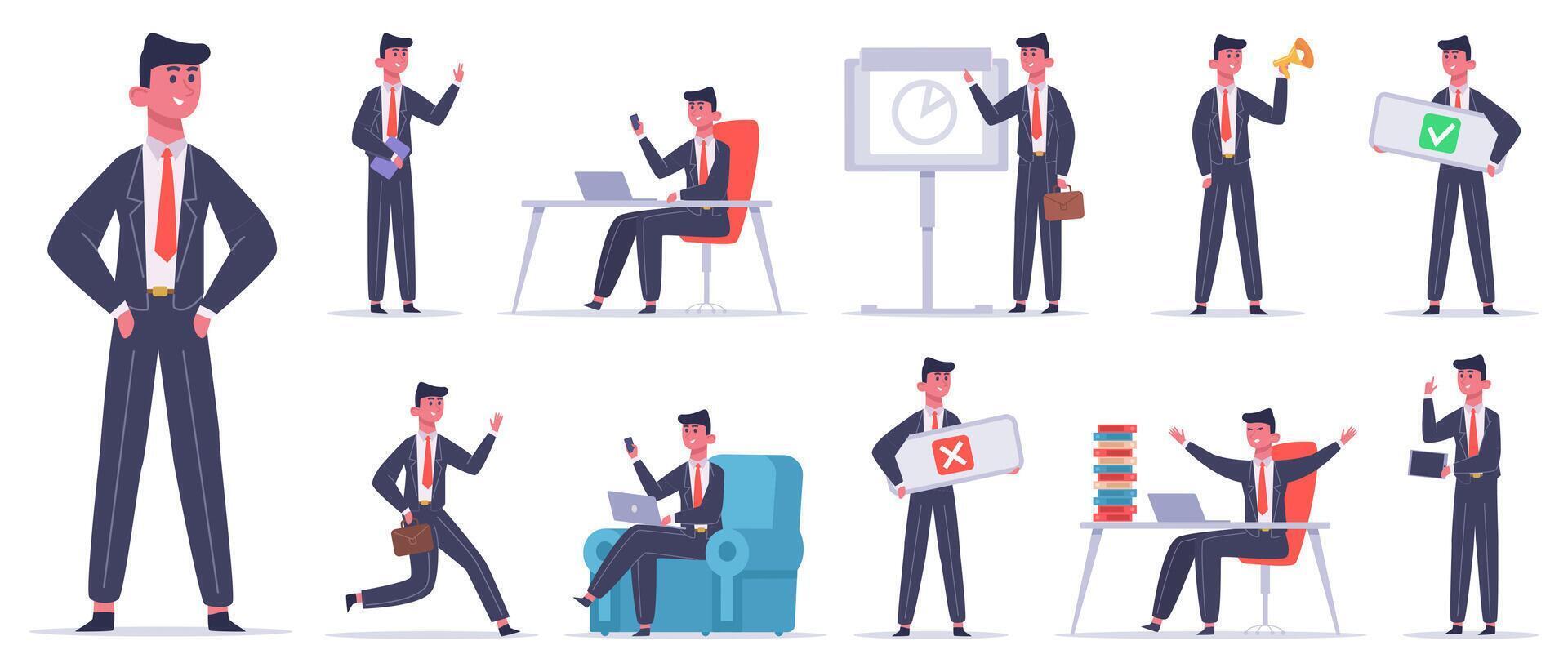 Businessman character. Male office worker, success business employee, professional finance leadership worker vector illustration icons set